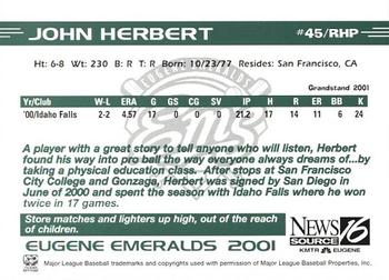 2001 Grandstand Eugene Emeralds #NNO John Herbert Back