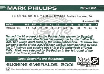 2001 Grandstand Eugene Emeralds #NNO Mark Phillips Back