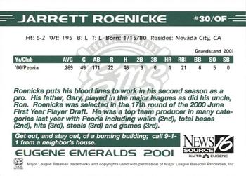 2001 Grandstand Eugene Emeralds #NNO Jarrett Roenicke Back