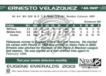 2001 Grandstand Eugene Emeralds #NNO Ernesto Velazquez Back