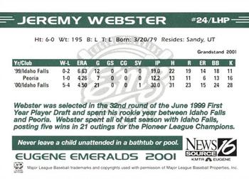 2001 Grandstand Eugene Emeralds #NNO Jeremy Webster Back