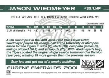 2001 Grandstand Eugene Emeralds #NNO Jason Wiedmeyer Back