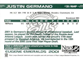 2001 Grandstand Eugene Emeralds #NNO Justin Germano Back