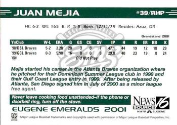 2001 Grandstand Eugene Emeralds #NNO Juan Mejia Back