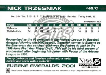 2001 Grandstand Eugene Emeralds #NNO Nick Trzesniak Back