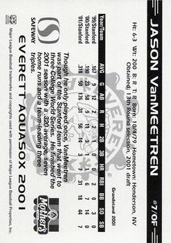 2001 Grandstand Everett AquaSox #7 Jason Van Meetren Back