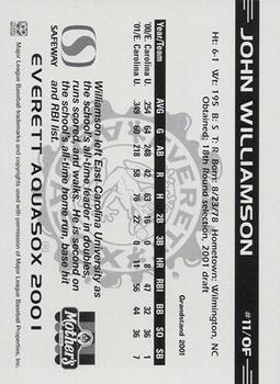 2001 Grandstand Everett AquaSox #11 John Williamson Back