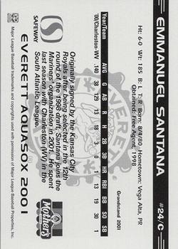 2001 Grandstand Everett AquaSox #24 Emmanuel Santana Back