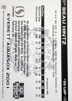 2001 Grandstand Everett AquaSox #25 Beau Hintz Back