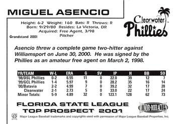 2001 Grandstand Florida State League Top Prospects #NNO Miguel Asencio Back