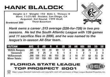 2001 Grandstand Florida State League Top Prospects #NNO Hank Blalock Back