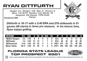 2001 Grandstand Florida State League Top Prospects #NNO Ryan Dittfurth Back
