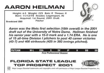 2001 Grandstand Florida State League Top Prospects #NNO Aaron Heilman Back