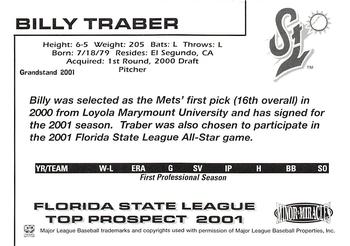 2001 Grandstand Florida State League Top Prospects #NNO Billy Traber Back