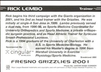 2001 Grandstand Fresno Grizzlies #NNO Rick Lembo Back