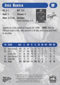 2001 Grandstand Great Falls Dodgers #6 Jose Garcia Back