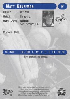 2001 Grandstand Great Falls Dodgers #12 Matt Kauffman Back