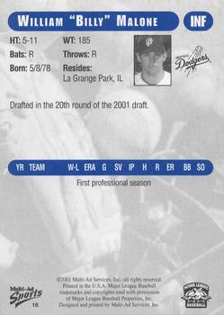 2001 Grandstand Great Falls Dodgers #16 William Malone Back