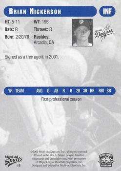 2001 Grandstand Great Falls Dodgers #18 Brian Nickerson Back