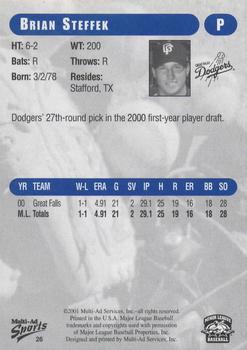 2001 Grandstand Great Falls Dodgers #26 Brian Steffek Back