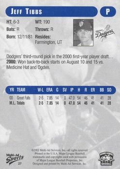2001 Grandstand Great Falls Dodgers #27 Jeff Tibbs Back