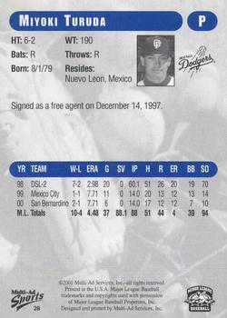 2001 Grandstand Great Falls Dodgers #28 Miyoki Turuda Back