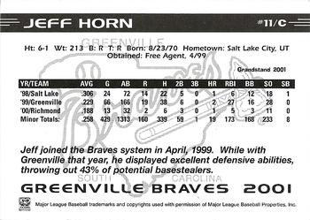 2001 Grandstand Greenville Braves #NNO Jeff Horn Back