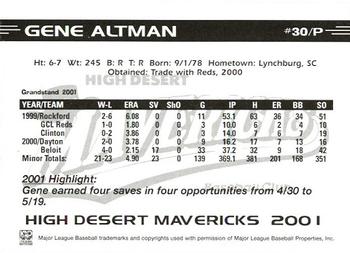 2001 Grandstand High Desert Mavericks #2 Gene Altman Back