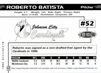 2001 Grandstand Johnson City Cardinals #NNO Roberto Batista Back