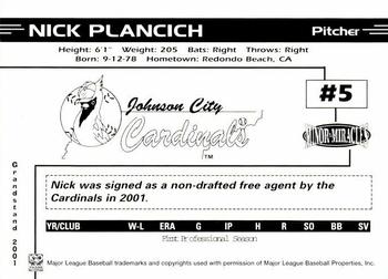 2001 Grandstand Johnson City Cardinals #NNO Nick Plancich Back