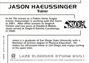 2001 Grandstand Lake Elsinore Storm #NNO Jason Haeussinger Back