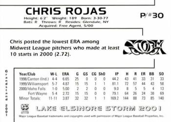 2001 Grandstand Lake Elsinore Storm #NNO Chris Rojas Back