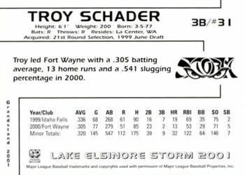 2001 Grandstand Lake Elsinore Storm #NNO Troy Schader Back