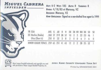 2001 Grandstand Kane County Cougars #4 Miguel Cabrera Back