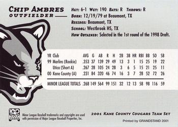 2001 Grandstand Kane County Cougars #1 Chip Ambres Back