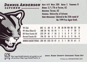 2001 Grandstand Kane County Cougars #2 Dennis Anderson Back