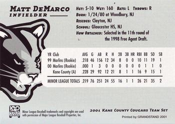 2001 Grandstand Kane County Cougars #6 Matt DeMarco Back