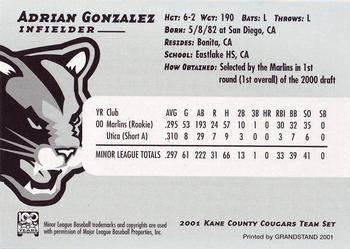 2001 Grandstand Kane County Cougars #10 Adrian Gonzalez Back
