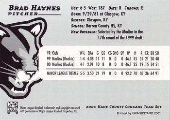 2001 Grandstand Kane County Cougars #11 Brad Haynes Back