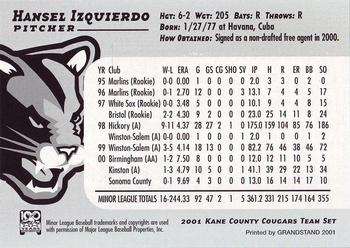 2001 Grandstand Kane County Cougars #12 Hansel Izquierdo Back