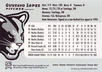 2001 Grandstand Kane County Cougars #16 Gustavo Lopez Back