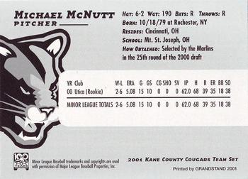 2001 Grandstand Kane County Cougars #19 Michael McNutt Back
