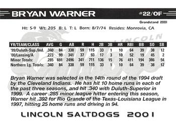 2001 Grandstand Lincoln Saltdogs #NNO Bryan Warner Back