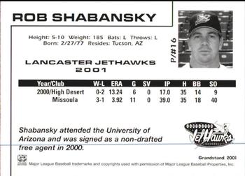 2001 Grandstand Lancaster JetHawks #16 Rob Shabansky Back