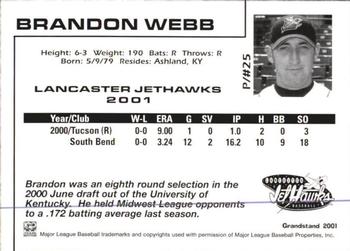 2001 Grandstand Lancaster JetHawks #25 Brandon Webb Back