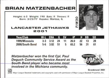 2001 Grandstand Lancaster JetHawks #30 Brian Matzenbacher Back