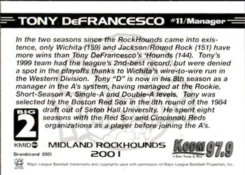 2001 Grandstand Midland RockHounds #11 Tony DeFrancesco Back