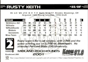 2001 Grandstand Midland RockHounds #23 Rusty Keith Back
