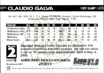 2001 Grandstand Midland RockHounds #27 Claudio Galva Back