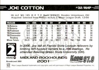 2001 Grandstand Midland RockHounds #32 Joe Cotton Back